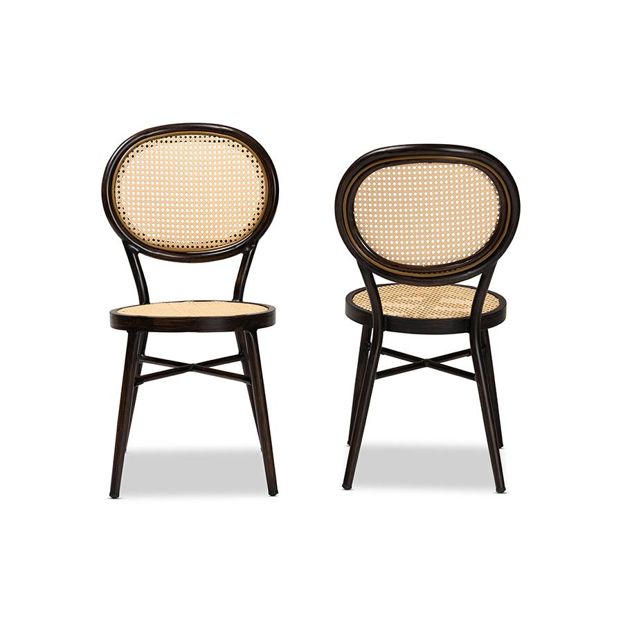 Dark Brown Finished Metal and Synthetic Rattan 2-Piece Outdoor Dining Chair Set. Picture 2
