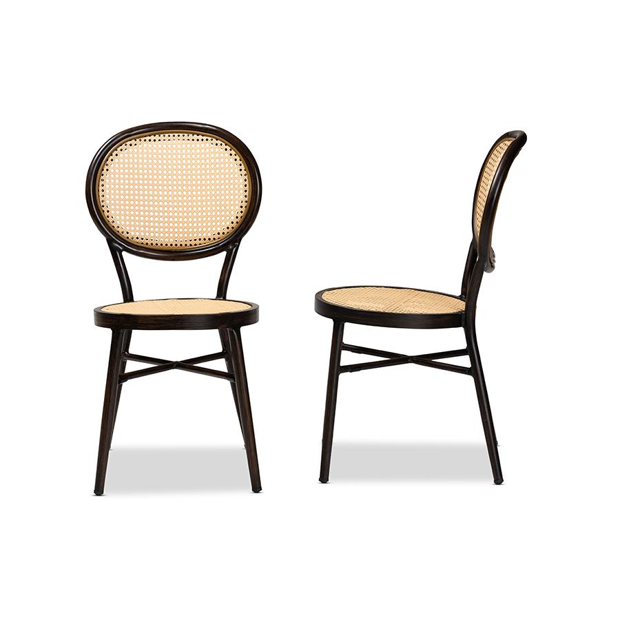 Dark Brown Finished Metal and Synthetic Rattan 2-Piece Outdoor Dining Chair Set. Picture 3