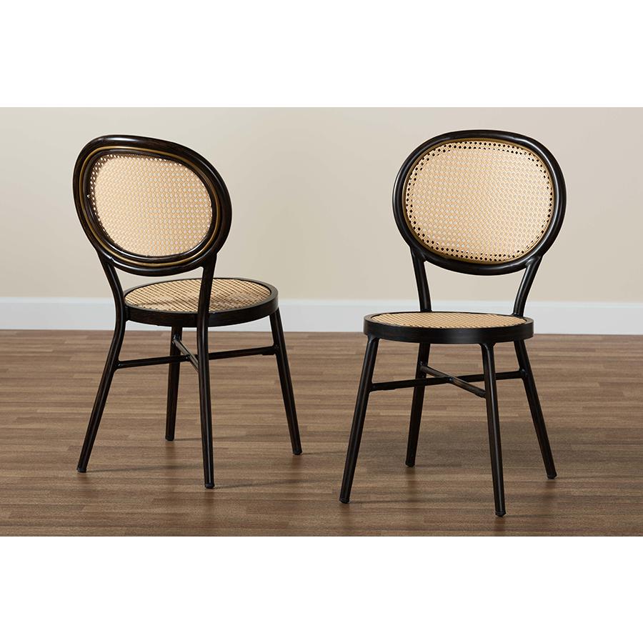 Dark Brown Finished Metal and Synthetic Rattan 2-Piece Outdoor Dining Chair Set. Picture 8