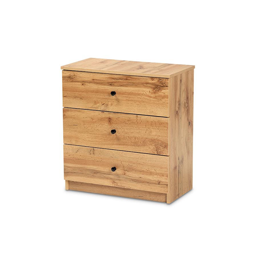 Decon Modern and Contemporary Oak Brown Finished Wood 3-Drawer Storage Chest. Picture 1