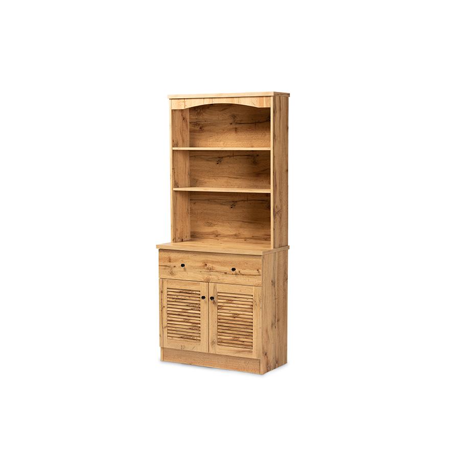 Oak Brown Finished Wood Buffet and Hutch Kitchen Cabinet. Picture 1