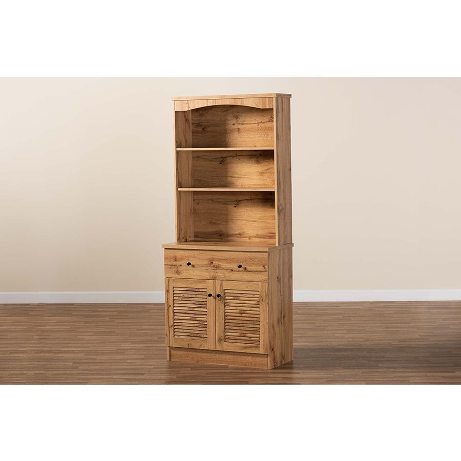 Oak Brown Finished Wood Buffet and Hutch Kitchen Cabinet. Picture 7