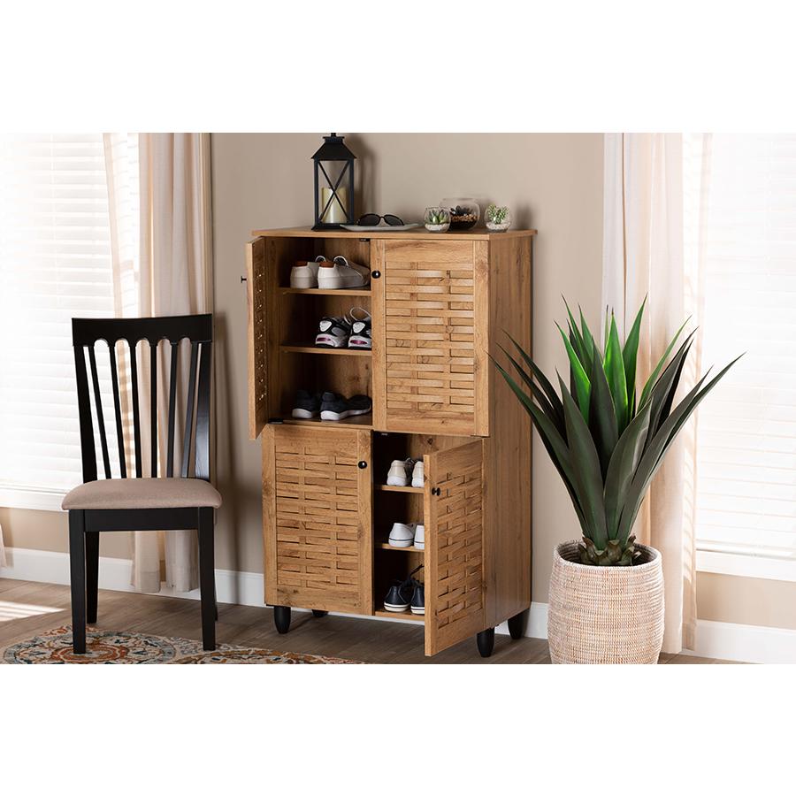 Oak Brown Finished Wood 4-Door Shoe Storage Cabinet. Picture 8