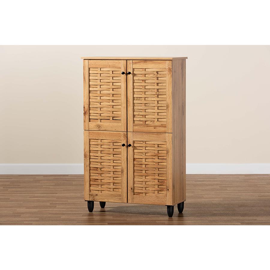 Oak Brown Finished Wood 4-Door Shoe Storage Cabinet. Picture 9