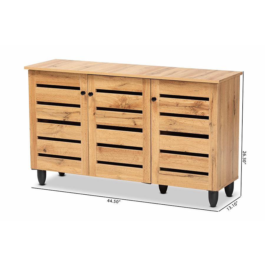 Oak Brown Finished Wood 3-Door Shoe Storage Cabinet. Picture 10