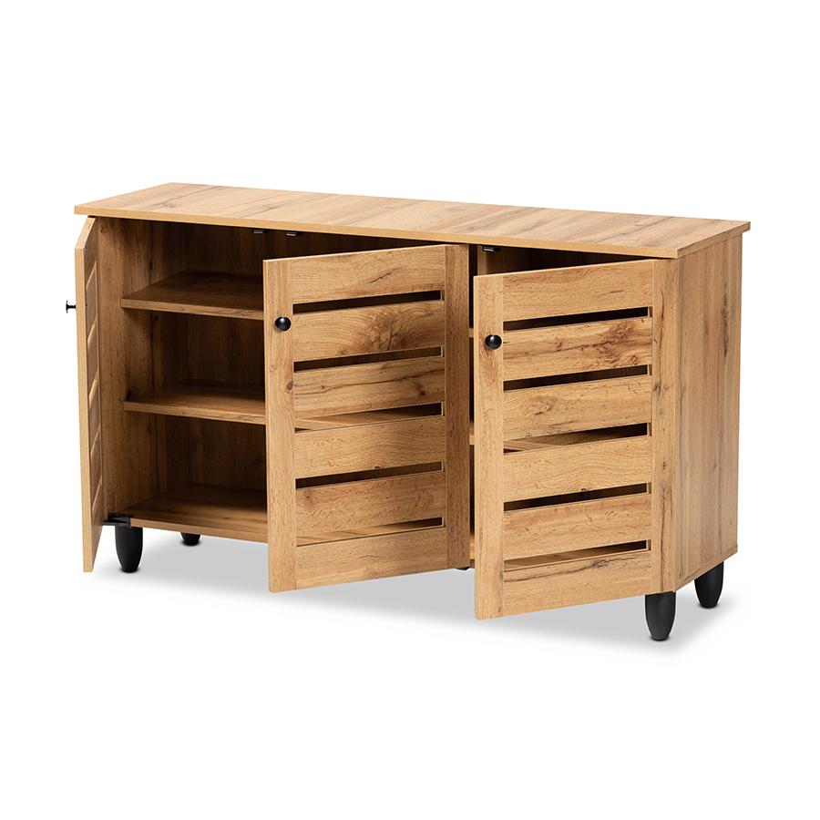 Oak Brown Finished Wood 3-Door Shoe Storage Cabinet. Picture 2
