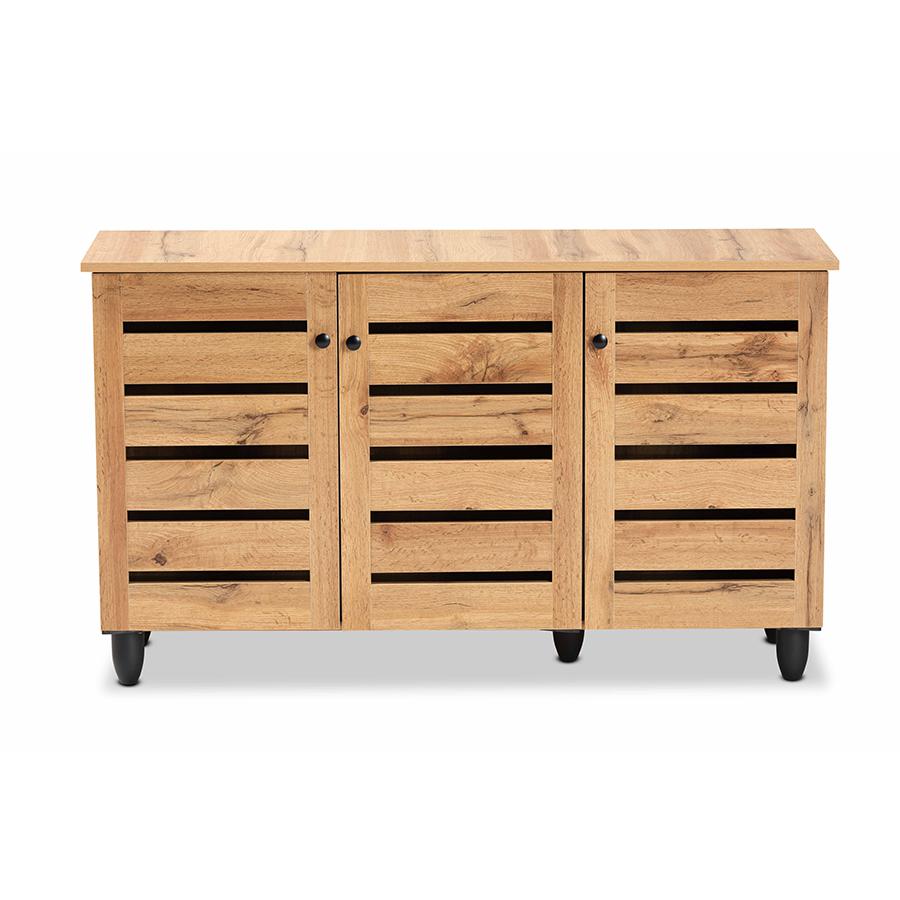 Oak Brown Finished Wood 3-Door Shoe Storage Cabinet. Picture 3