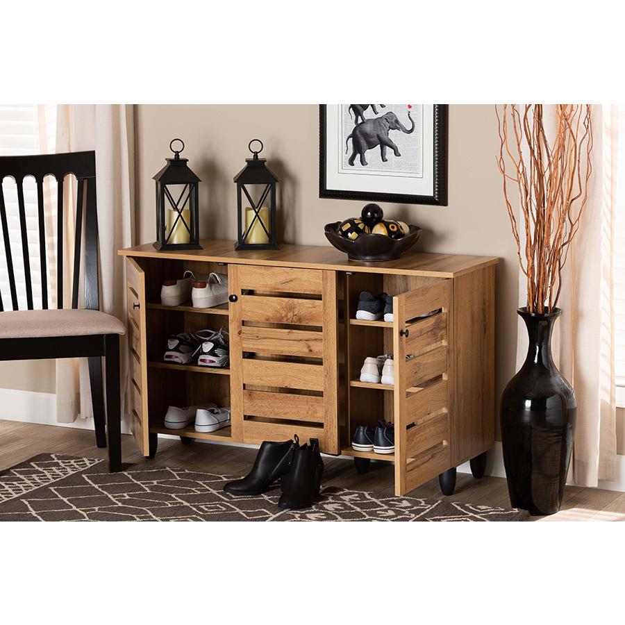 Oak Brown Finished Wood 3-Door Shoe Storage Cabinet. Picture 8