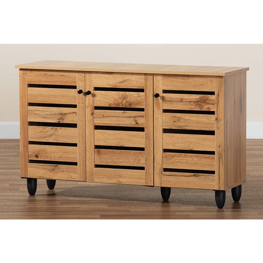 Oak Brown Finished Wood 3-Door Shoe Storage Cabinet. Picture 9