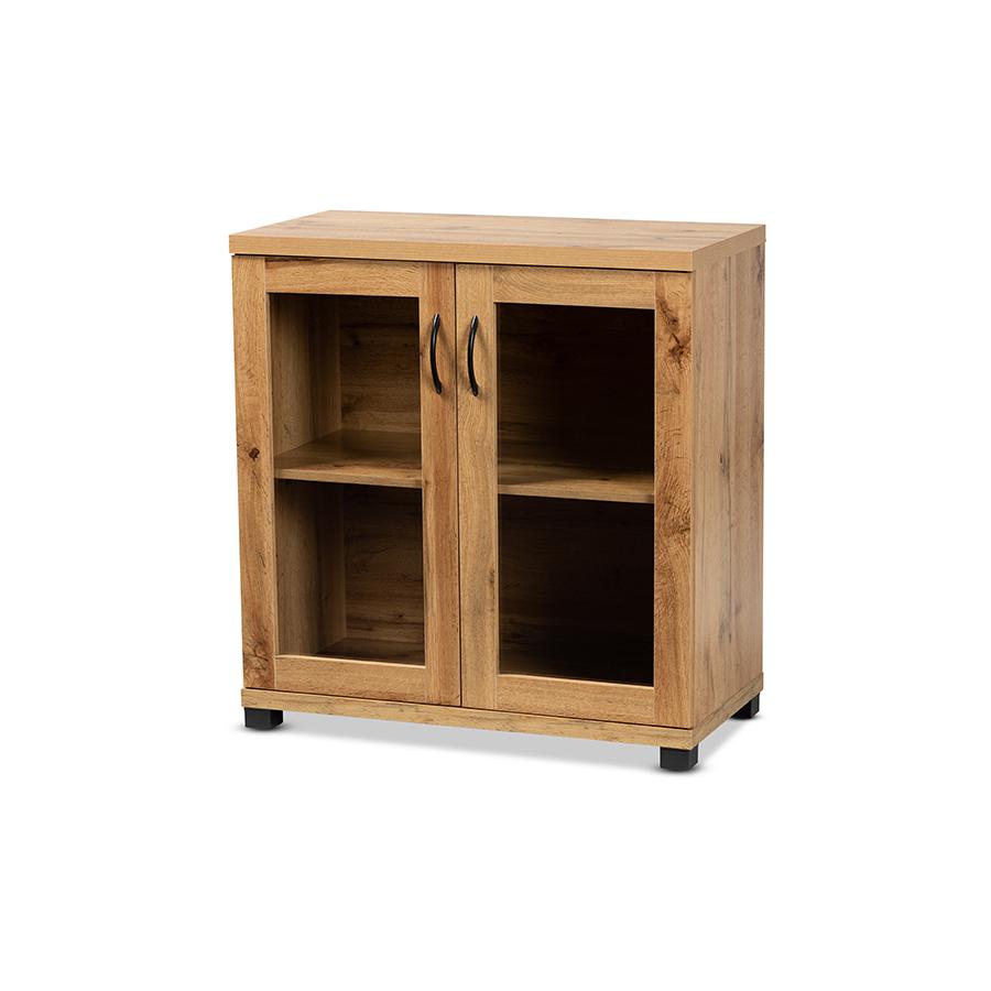 Oak Brown Finished Wood 2-Door Storage Cabinet with Glass Doors. Picture 1