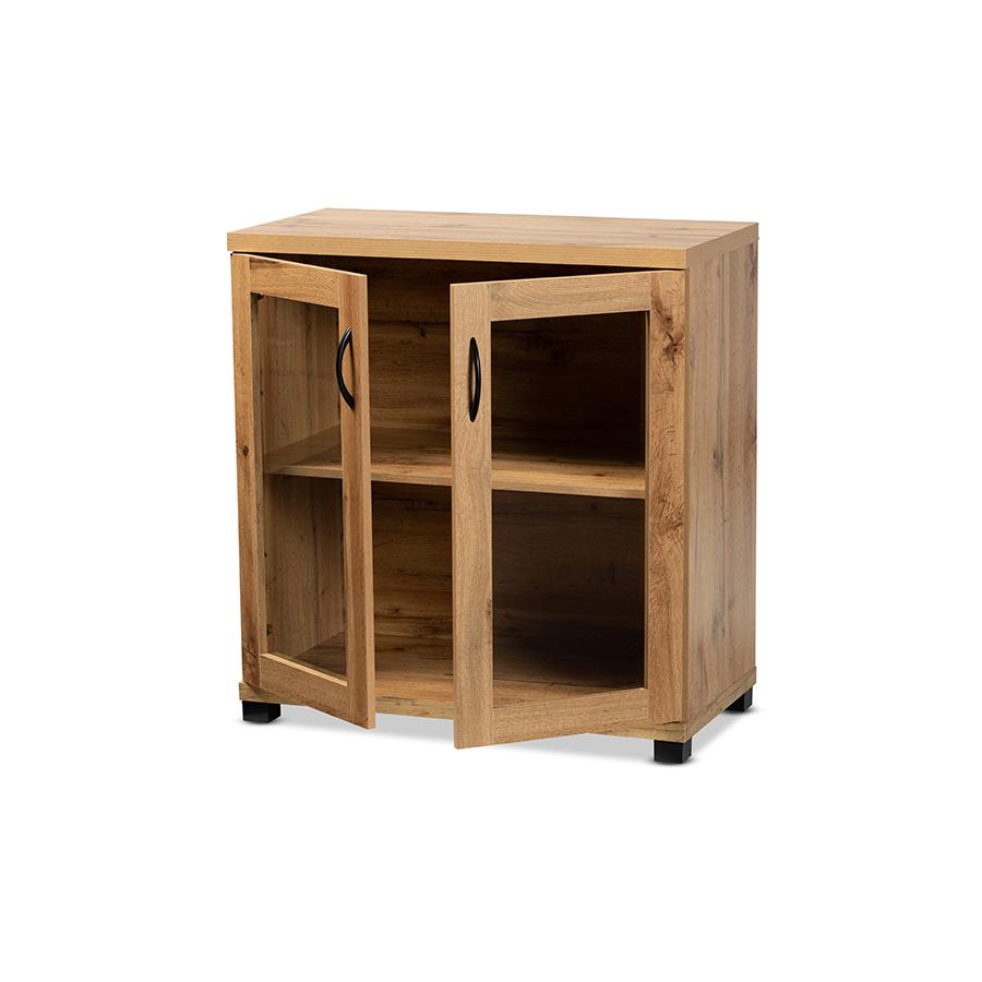 Oak Brown Finished Wood 2-Door Storage Cabinet with Glass Doors. Picture 2