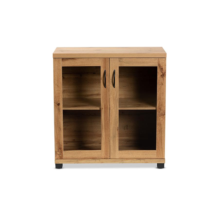 Oak Brown Finished Wood 2-Door Storage Cabinet with Glass Doors. Picture 3