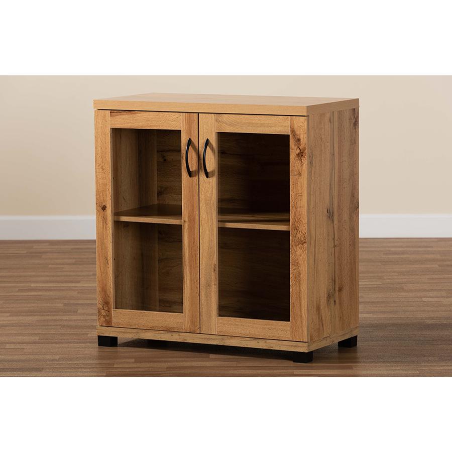 Oak Brown Finished Wood 2-Door Storage Cabinet with Glass Doors. Picture 8