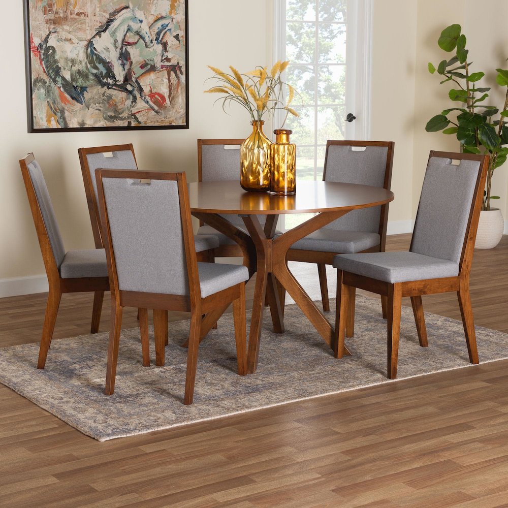 Eira Modern Grey and Walnut Brown Wood 7-Piece Dining Set. Picture 8