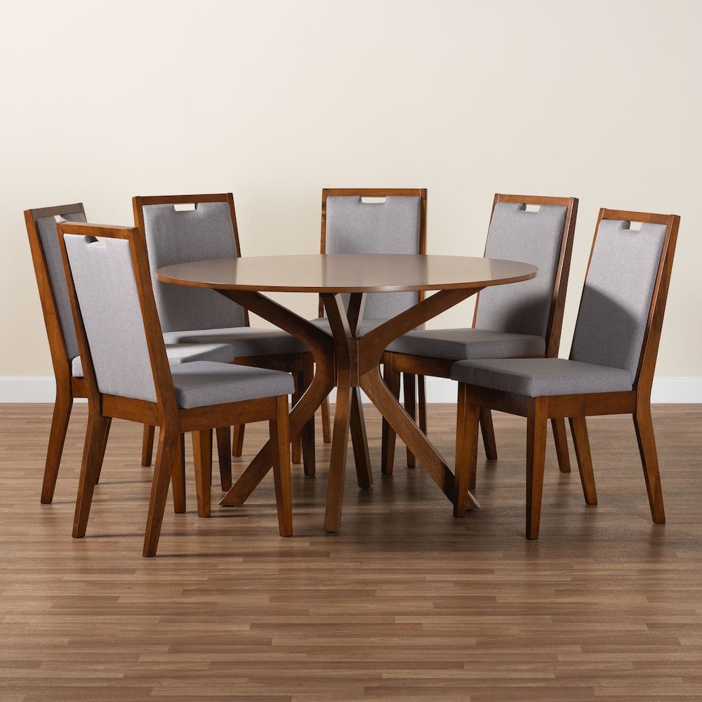 Eira Modern Grey and Walnut Brown Wood 7-Piece Dining Set. Picture 9