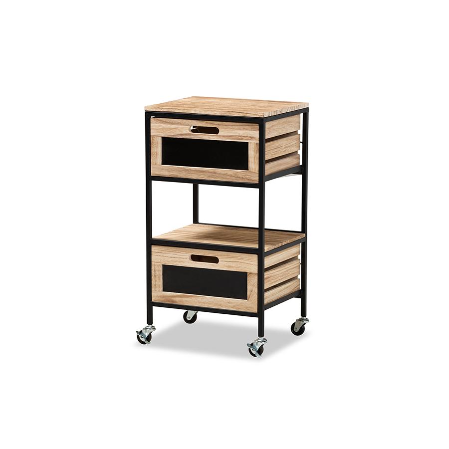 Industrial Oak Brown Finished Wood and Black Metal 2-Drawer End Table. Picture 1