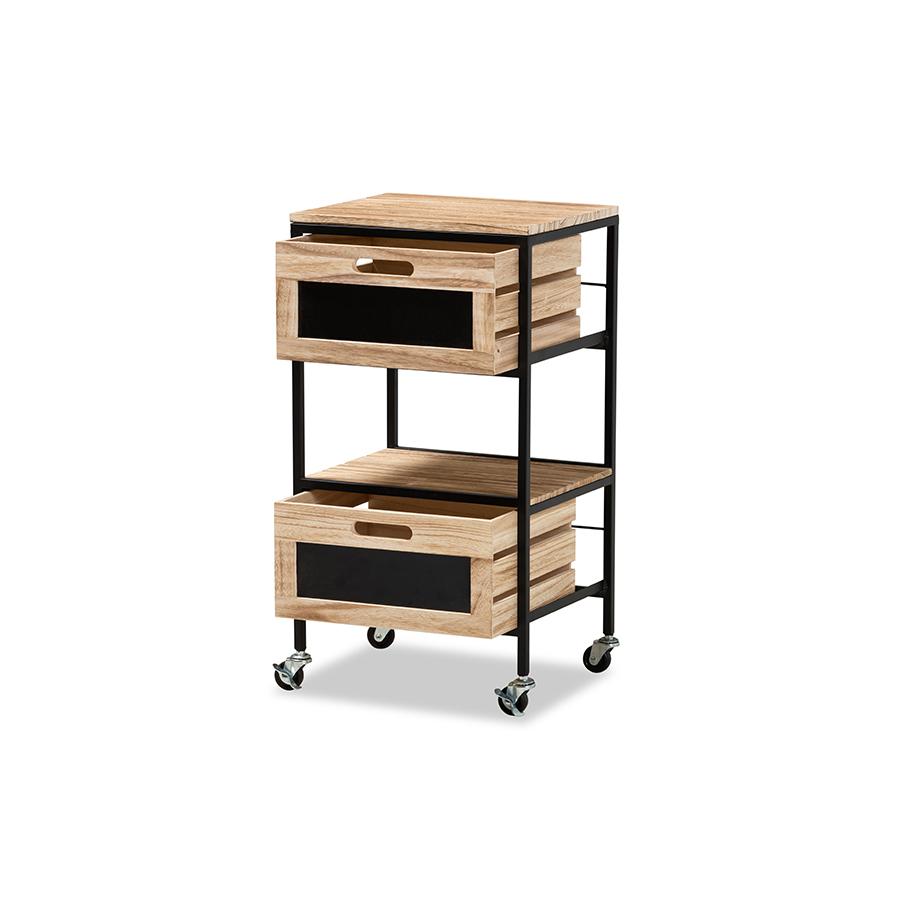Industrial Oak Brown Finished Wood and Black Metal 2-Drawer End Table. Picture 2