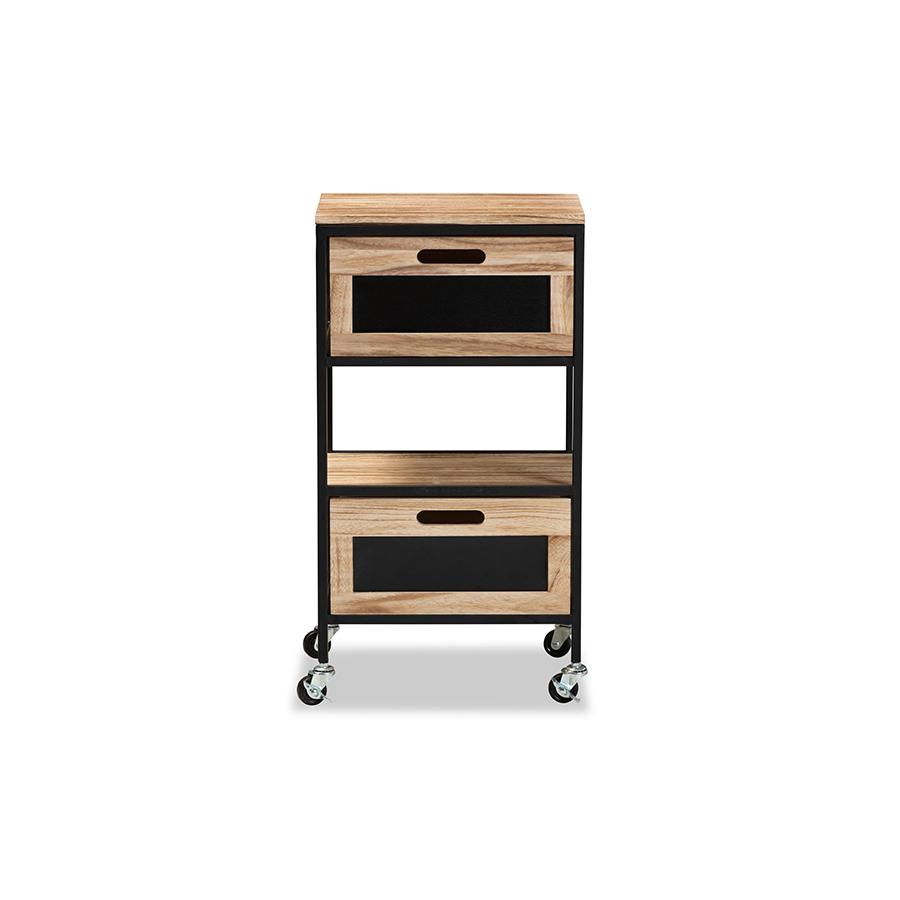 Industrial Oak Brown Finished Wood and Black Metal 2-Drawer End Table. Picture 3
