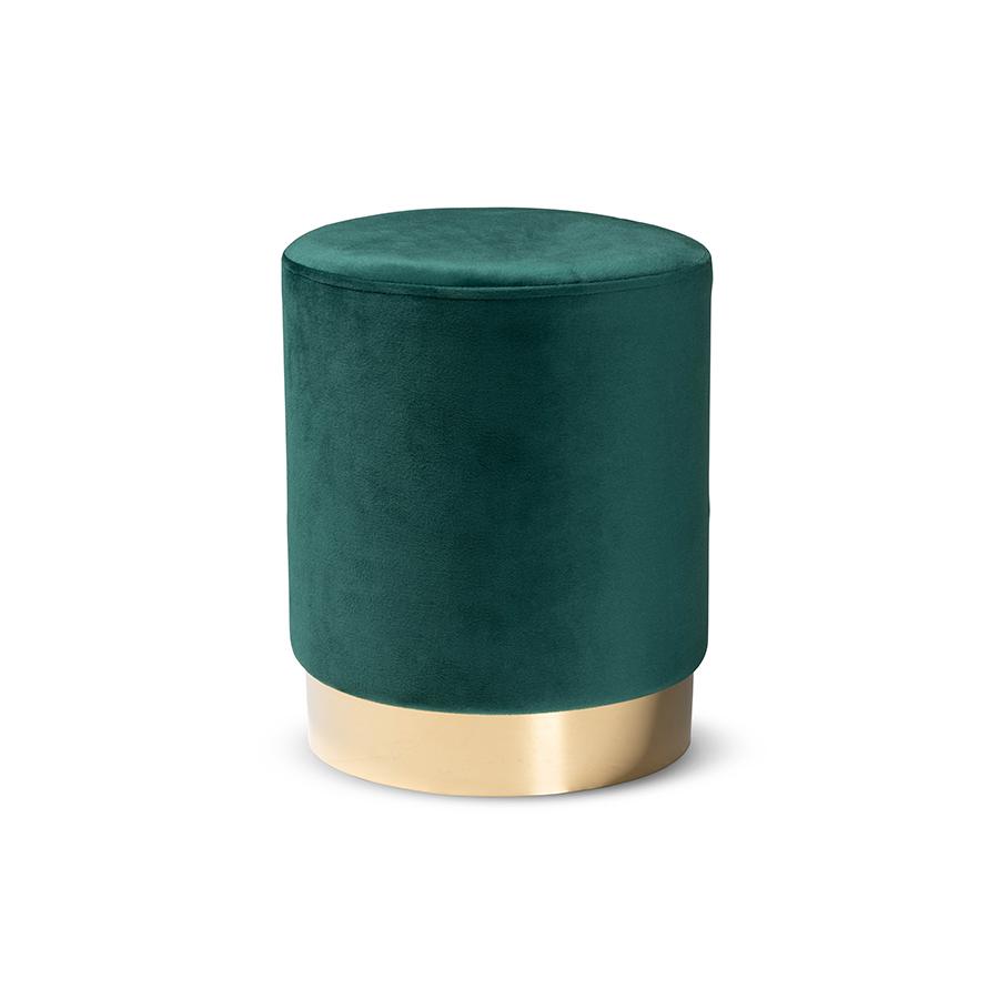 Glam and Luxe Green Velvet Fabric Upholstered and Gold Finished Metal Ottoman. Picture 1