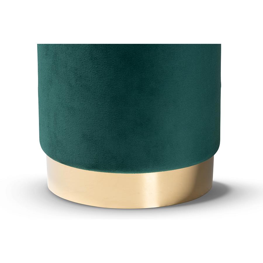 Glam and Luxe Green Velvet Fabric Upholstered and Gold Finished Metal Ottoman. Picture 2