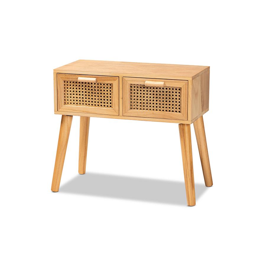 Oak Brown Finished Wood 2-Drawer Console Table with Rattan. Picture 1