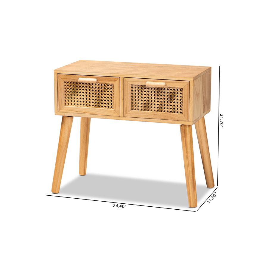 Oak Brown Finished Wood 2-Drawer Console Table with Rattan. Picture 10