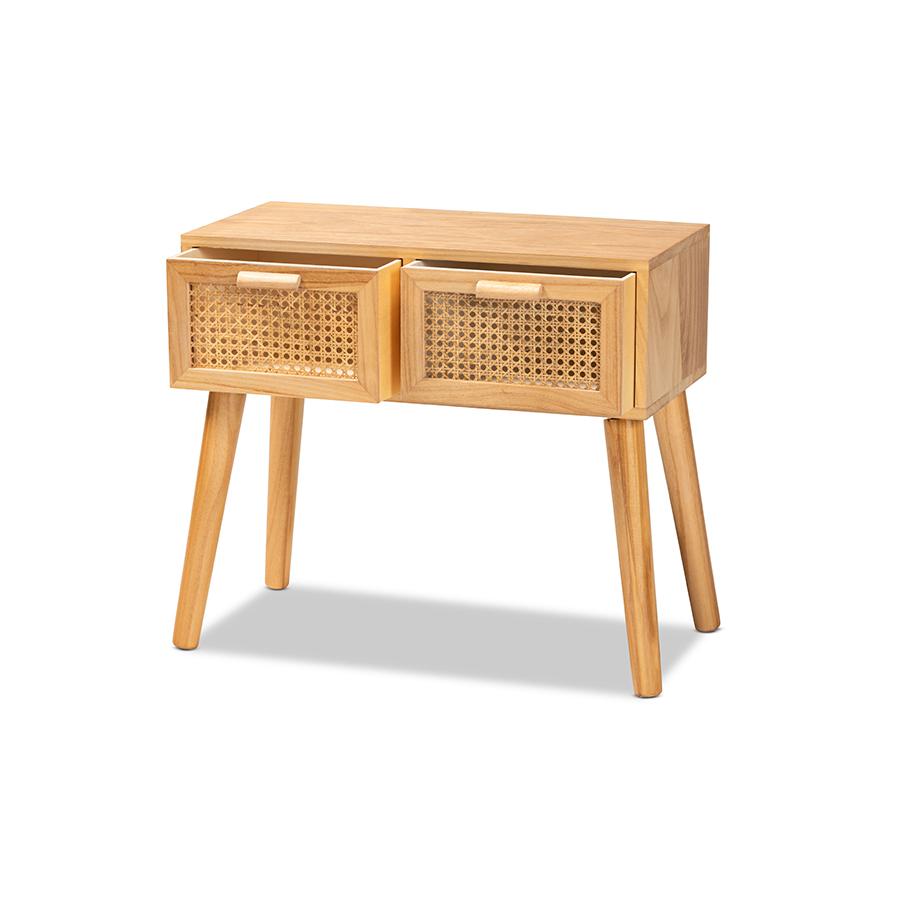 Oak Brown Finished Wood 2-Drawer Console Table with Rattan. Picture 2