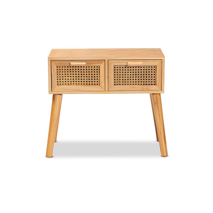 Oak Brown Finished Wood 2-Drawer Console Table with Rattan. Picture 3