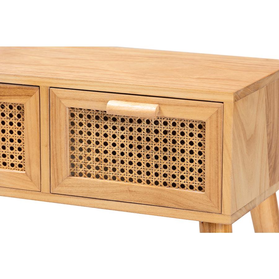 Oak Brown Finished Wood 2-Drawer Console Table with Rattan. Picture 5