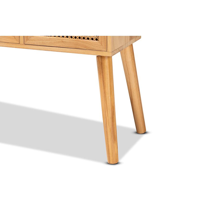 Oak Brown Finished Wood 2-Drawer Console Table with Rattan. Picture 6