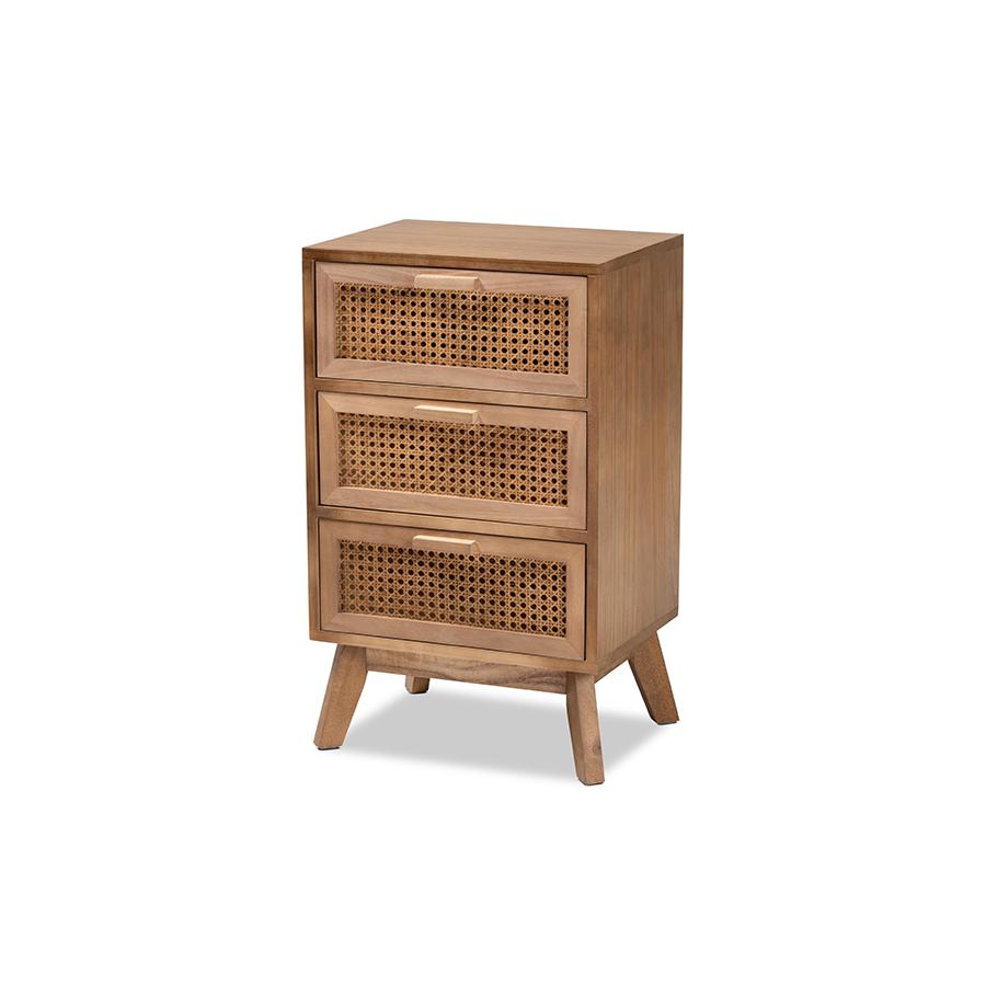 Walnut Brown Finished Wood 3-Drawer End Table with Rattan. Picture 1