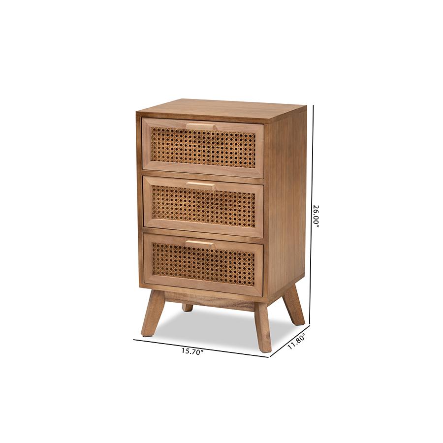 Walnut Brown Finished Wood 3-Drawer End Table with Rattan. Picture 10