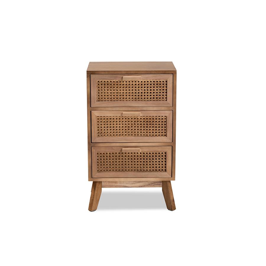 Walnut Brown Finished Wood 3-Drawer End Table with Rattan. Picture 3