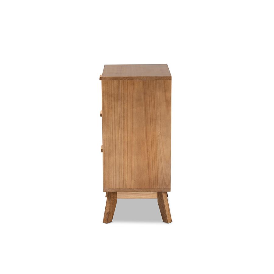 Walnut Brown Finished Wood 3-Drawer End Table with Rattan. Picture 4