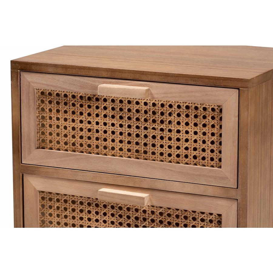 Walnut Brown Finished Wood 3-Drawer End Table with Rattan. Picture 5