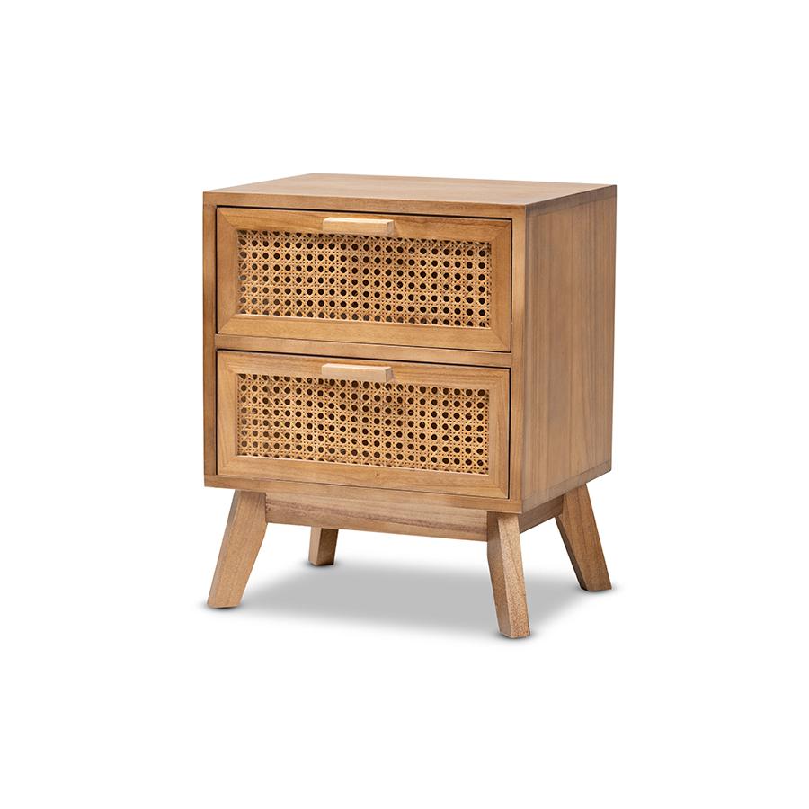 Walnut Brown Finished Wood 2-Drawer End Table with Rattan. Picture 1