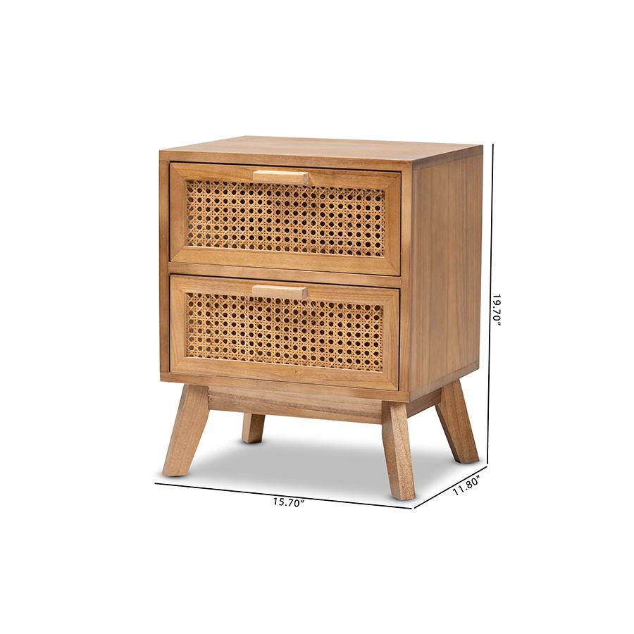Walnut Brown Finished Wood 2-Drawer End Table with Rattan. Picture 10