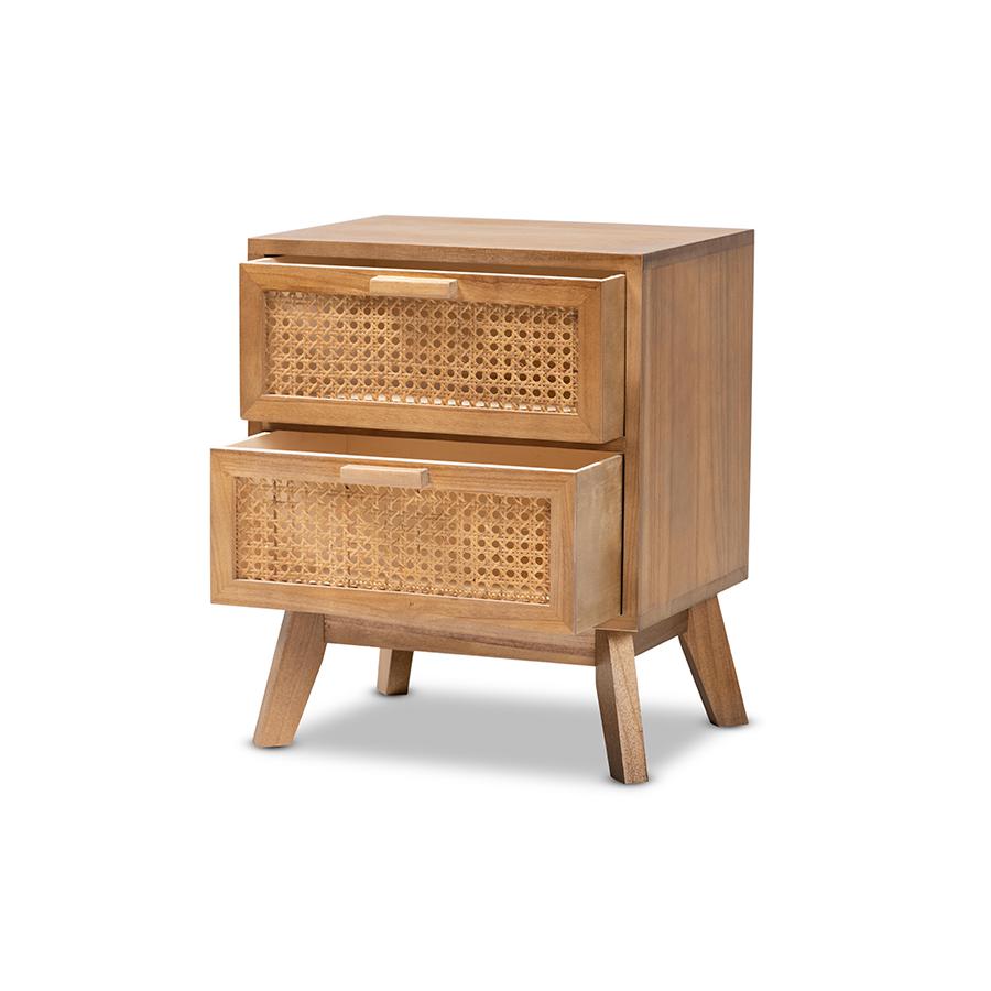 Walnut Brown Finished Wood 2-Drawer End Table with Rattan. Picture 2