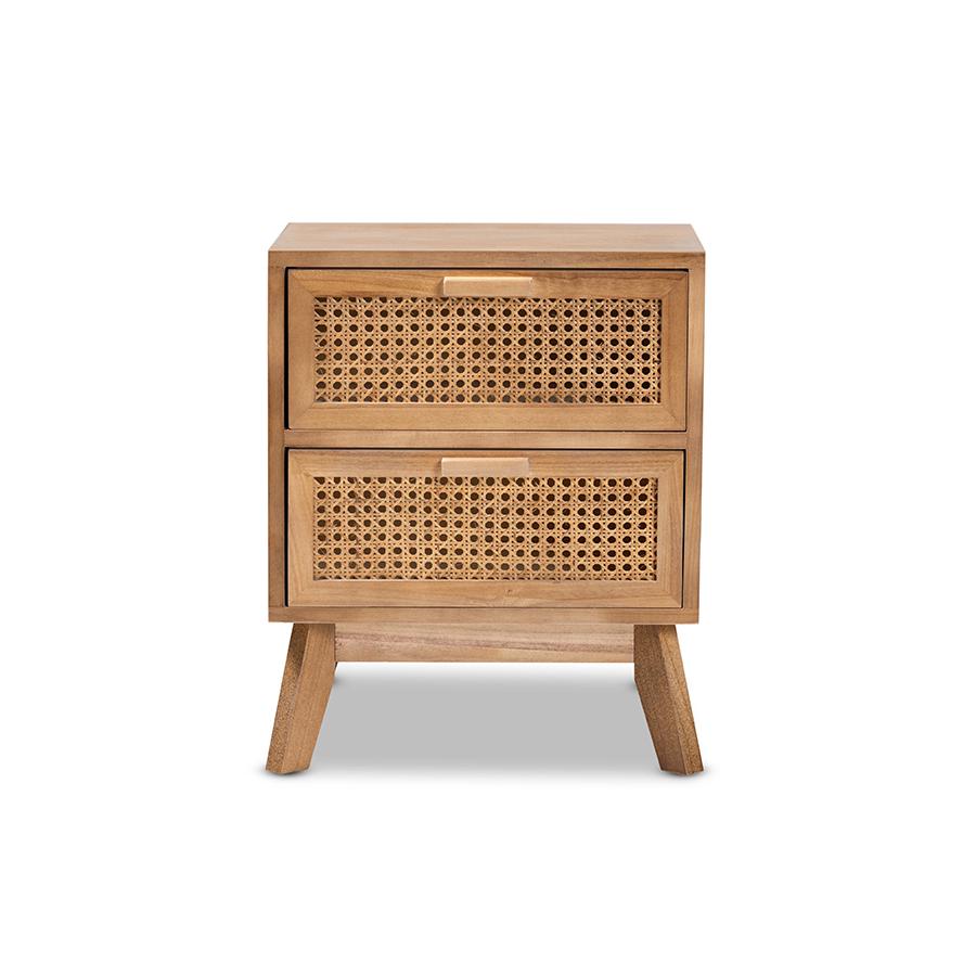 Walnut Brown Finished Wood 2-Drawer End Table with Rattan. Picture 3