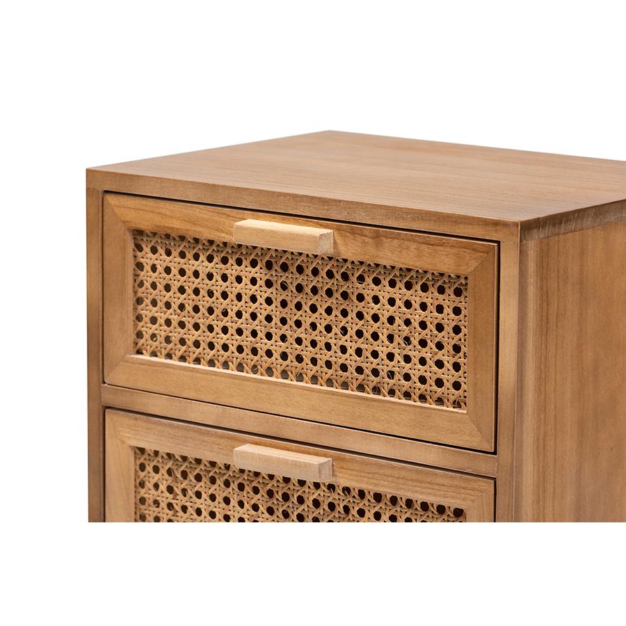 Walnut Brown Finished Wood 2-Drawer End Table with Rattan. Picture 5