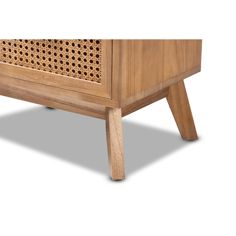 Walnut Brown Finished Wood 2-Drawer End Table with Rattan. Picture 6
