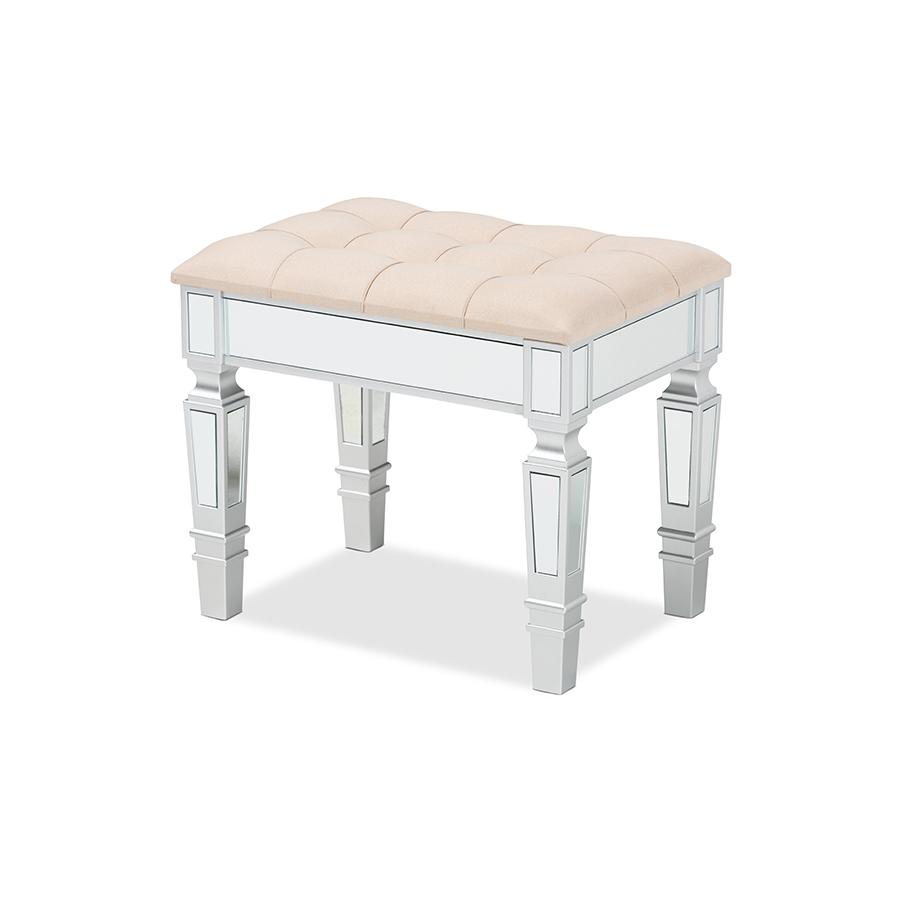 Glam and Luxe Beige Fabric Upholstered and Silver Finished Wood Ottoman. Picture 1
