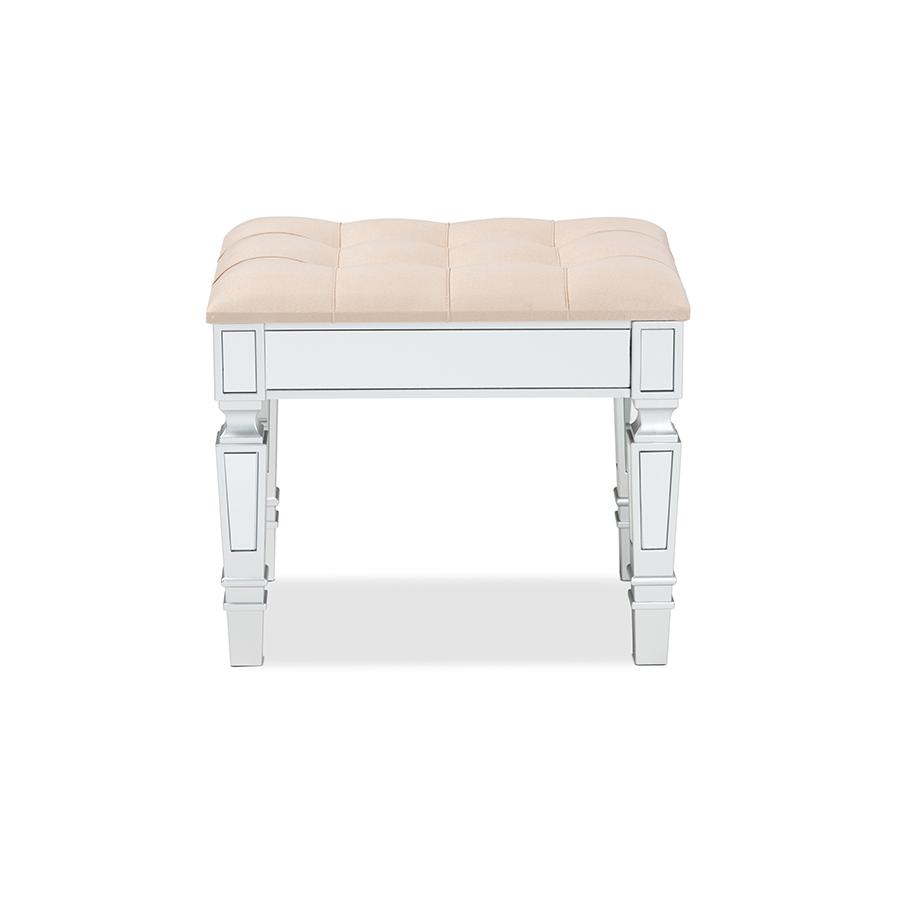 Glam and Luxe Beige Fabric Upholstered and Silver Finished Wood Ottoman. Picture 2