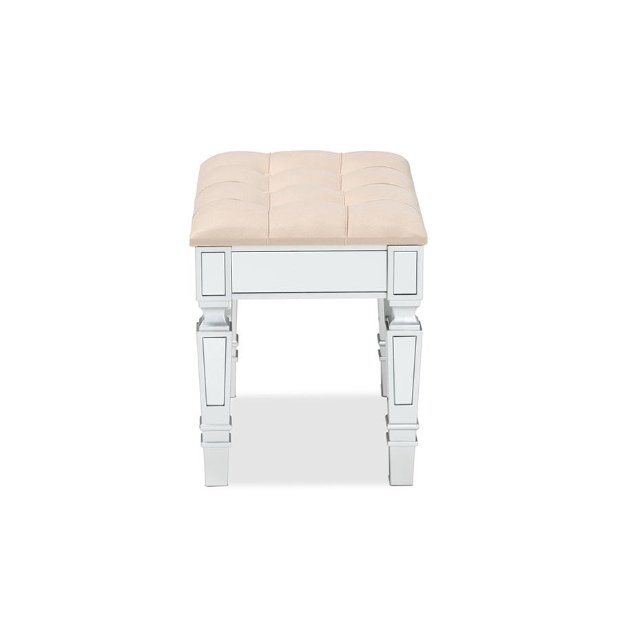 Glam and Luxe Beige Fabric Upholstered and Silver Finished Wood Ottoman. Picture 3
