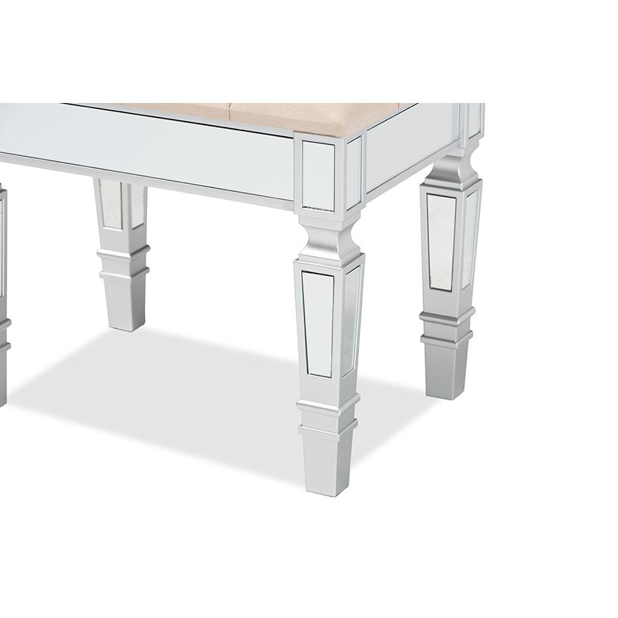 Glam and Luxe Beige Fabric Upholstered and Silver Finished Wood Ottoman. Picture 4