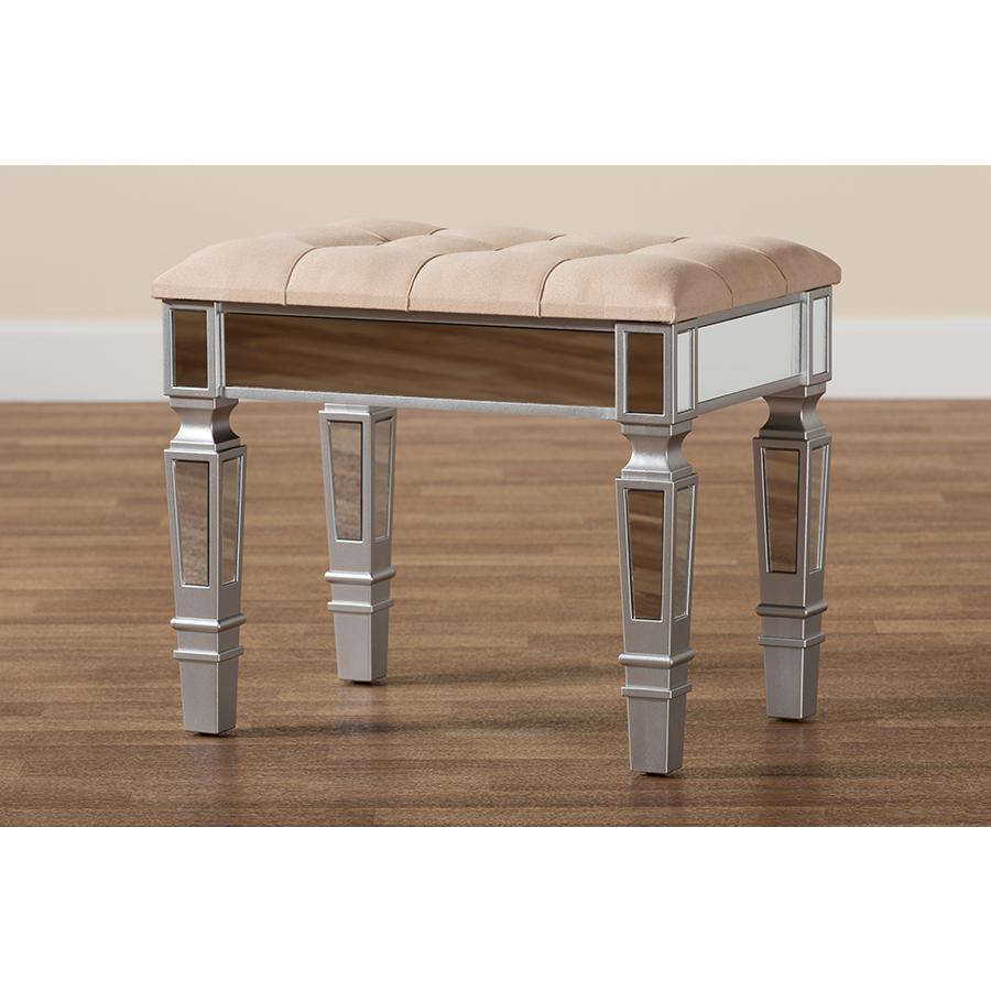 Glam and Luxe Beige Fabric Upholstered and Silver Finished Wood Ottoman. Picture 7
