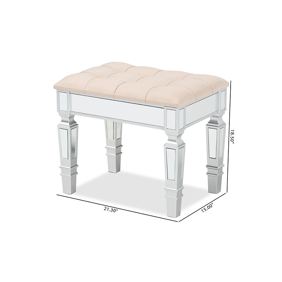 Glam and Luxe Beige Fabric Upholstered and Silver Finished Wood Ottoman. Picture 8