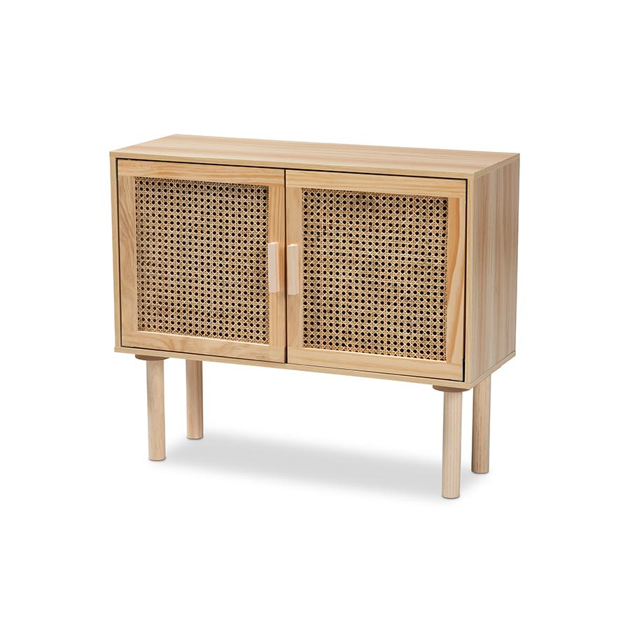 Rattan and Natural Brown Finished Wood 2-Door Sideboard Buffet. Picture 1