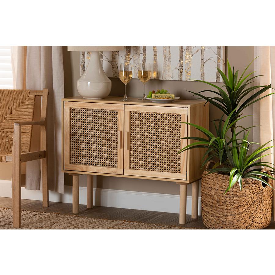 Rattan and Natural Brown Finished Wood 2-Door Sideboard Buffet. Picture 8