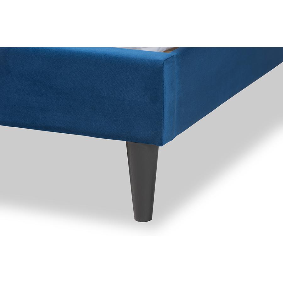 Navy Blue Velvet Fabric and Dark Brown Finished Wood King Size Platform Bed. Picture 5